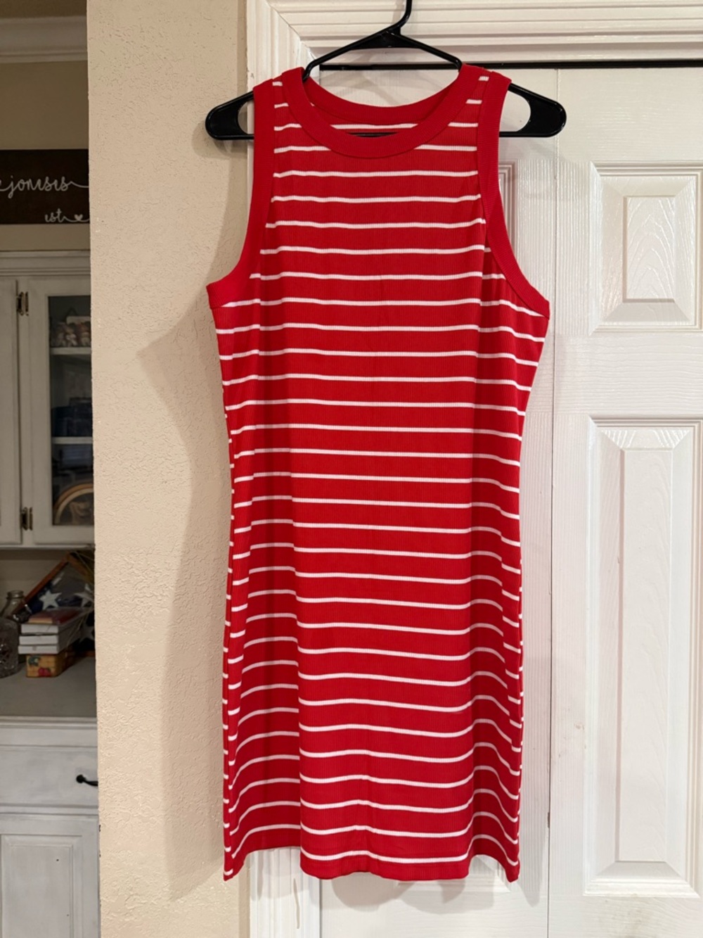 Red and White Striped Sleeveless Knit Mini Dress
